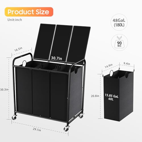 180L Laundry Sorter 3 Section, Rolling Laundry Basket with Wheels - Image 3