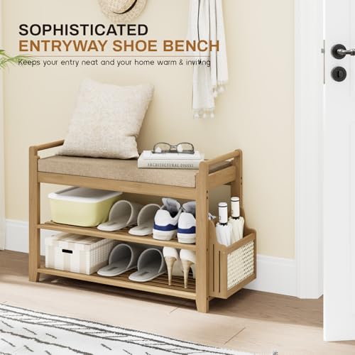 Homaxy 2-Tier Shoe Rack Bench, 28.2 in, Walnut and Light Brown - Image 7