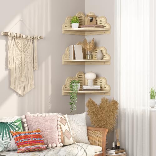 Cloud Rattan Corner Floating Shelves,3 Pack Solid Wood Boho - Image 7