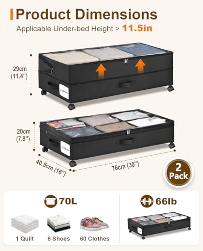Under Bed Storage w/Wheels,70L Under Bed Containers,2 Pack-Black - Image 3