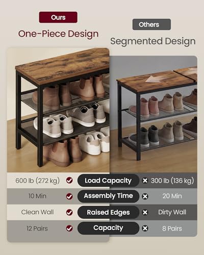 VASAGLE 3 Tier Shoe Rack Bench, One Piece Shelves - Image 5