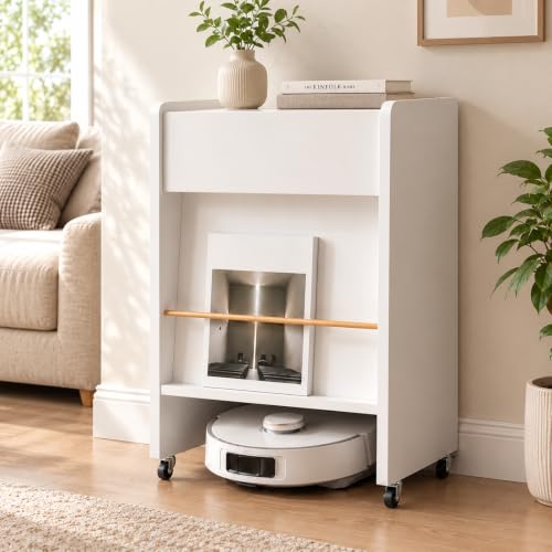 Robot Vacuum Storage Cabinet, White Side Table with Drawer - Image 2