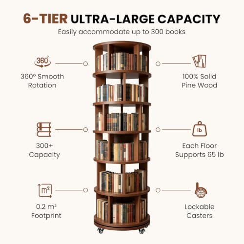 6 Tier Solid Wood Bookshelf with Wheels, 360° Rotating Book Shelf - Image 5
