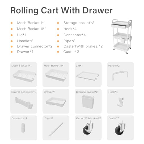 3 Tier Rolling Utility Cart with Drawer,REBECAT Utility Cart Made - Image 5