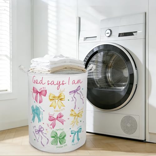 God Says I Am Colorful Bow Laundry Basket Hamper, Coquette - Image 7