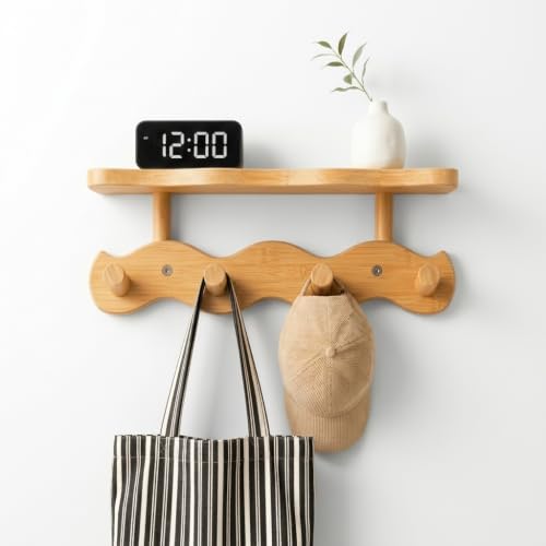 Wave-Shaped Bamboo Small Coat Rack Wall Mount with Shelf - Image 2