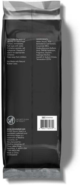 Venom Steel Workshop Wipes with Scrubbing Beads, for Grease, Grime, Oil, Paint & Caulk, Safe on Hands, Tools, Non Porous Surfaces & Stainless Steel - Light Citrus Scent, 8" x 12" Cloths, 240 Wipes