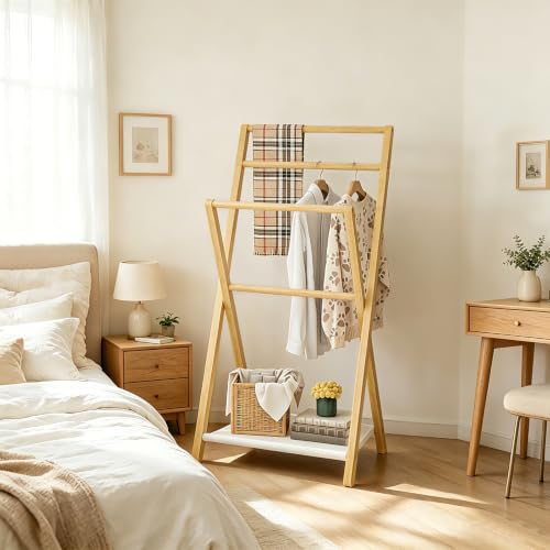 HOOBRO Towel Rack with Shelf, 3 Tier Bamboo Foldable Quilt - Image 6