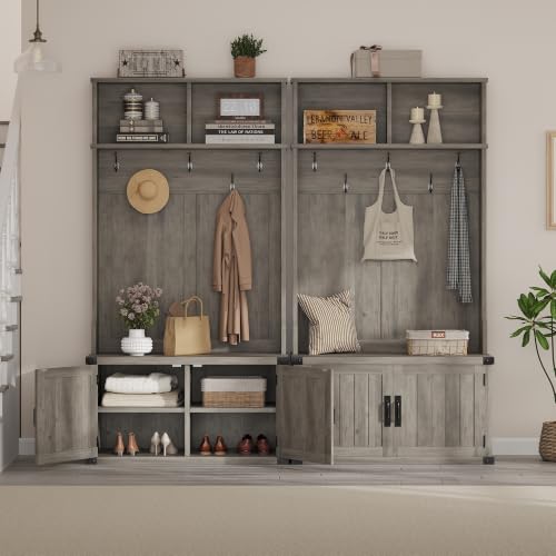 39.4" Hall Tree with Bench and Shoe Storage, Gray - Image 4