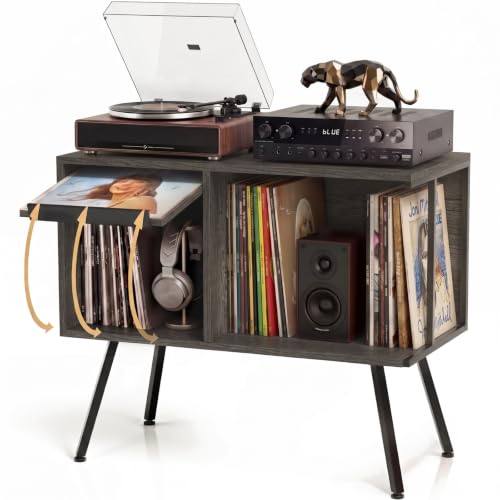 Record Player Stand with Flip-Down Record Shelf, Gray - Image 2