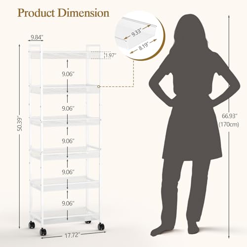 6 Tier Slim Rolling Storage Cart, Narrow Mobile Shelving Unit - Image 3