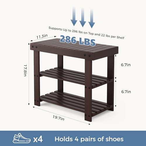 DUMOS Wooden Shoe Rack Bench with Storage, 3-Tier Bamboo - Image 4