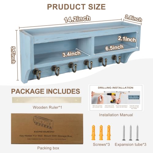Key Holder Wall Mount with Mail Organizer, 6 Hooks & Shelf, Blue - Image 7