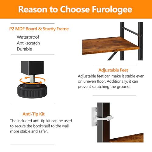 Furologee 6 Tier Bookshelf, Tall Narrow Bookcase, Rustic Brown - Image 7