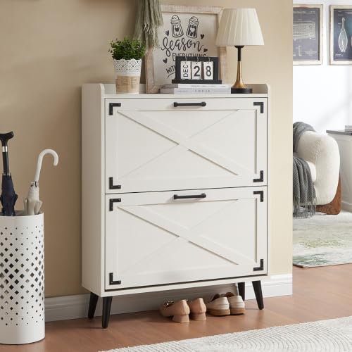 Farmhouse Shoe Storage Cabinet with 2 Flip Drawers & Barn Door - Image 2