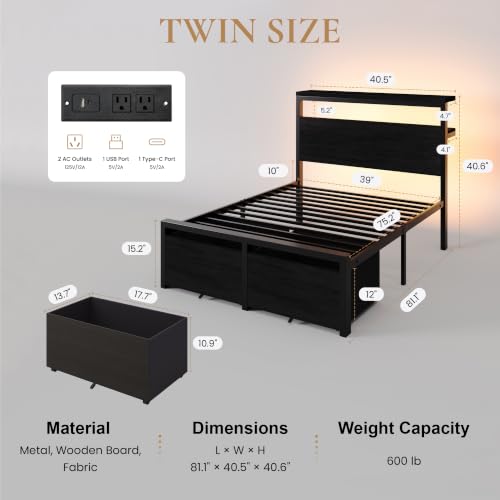 SHA CERLIN Twin LED Bed Frame, 2 Storage Drawers - Image 3