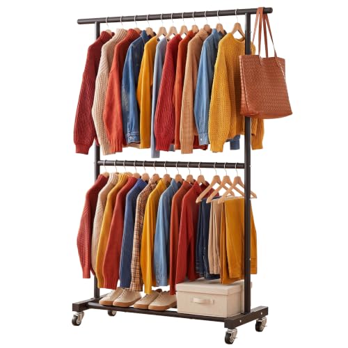 Sywhitta Double Rod Metal Clothing Garment Rack on Wheels, Black - Image 2