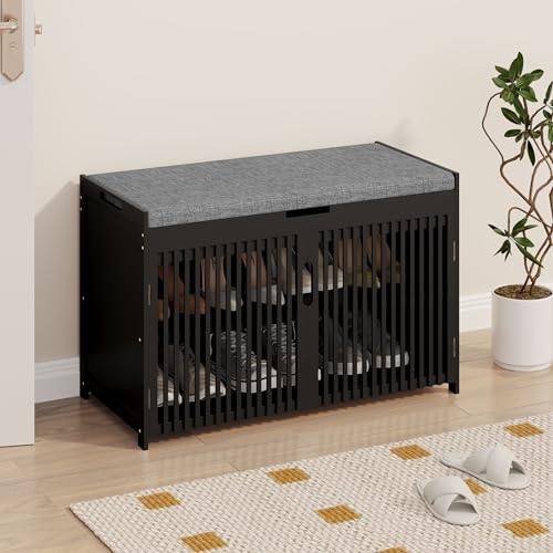 Shoe Storage Bench with Cushion, 2-Tier Bamboo Shoe Rack - Image 2