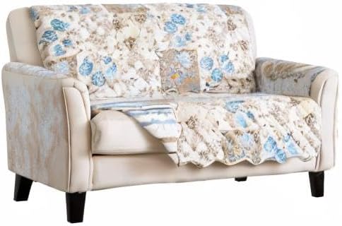 Great Bay Home Reversible Floral Patchwork Furniture Protector - Machine Washable, Scalloped Edge, Stain Resistant, Printed Furniture Cover for Dogs, Kids, and Pets (Loveseat, Taupe/Blue)