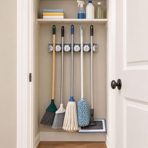 Home Basics Broom Organizer and Mop Wall Mount 5 Slot Utility - Image 4