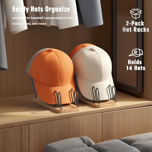 Hat Organizer for Baseball Caps, 2 Pack Wood & Metal Hat Rack - Image 5