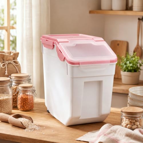 Sunnyray 4 Pcs 55 Lbs Rice Flour Storage Bins with Wheels, Pink - Image 3