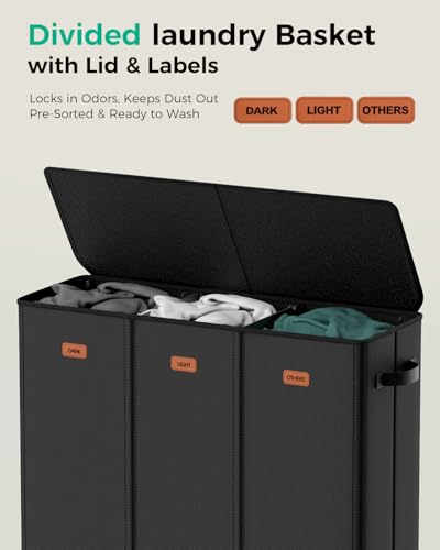 185L Laundry Hamper 3 Section with Lid & Removable Bags - Image 5
