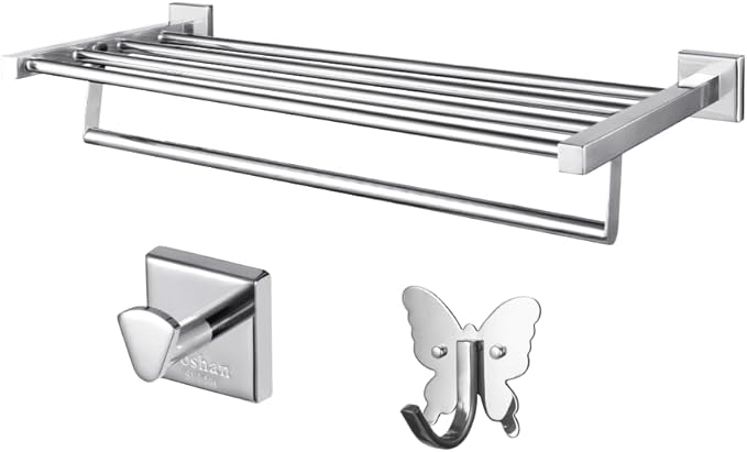 Roshan Handcrafted and Hand Polished Multi Purpose Towel Rack, Rust Proof and Peel Resistant Towel Shelf, Includes 2 Handmade Hooks, PVD Gold Finish (3, Polished Silver)