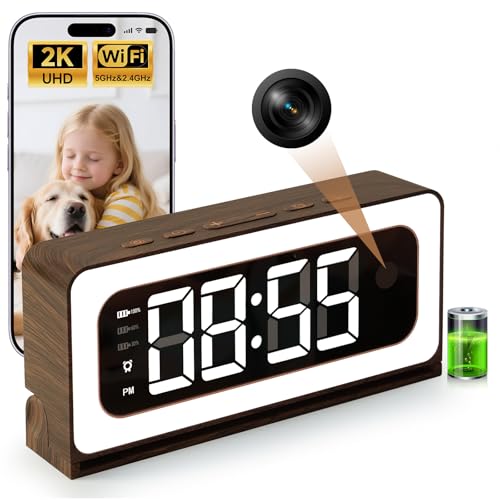 Clock Camera,Wood Grain,5G/2.4GHz WiFi Nanny Cam w/Alarm,2K - Image 2