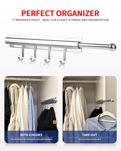 Valet Rod for Closets Pull Out 12" Silver with 4 Hooks - Image 4