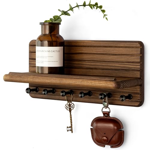 Pine Wood Key Holder Wall Mount with Shelf for Entryway, Brown - Image 2