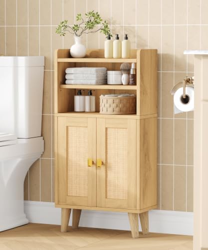 Rattan Small Bathroom Storage Cabinet with Open Shelf 2 Doors Oak - Image 2