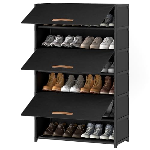 7 Tier Shoe Cabinet with Door, 28-Pair Storage, Black - Image 2