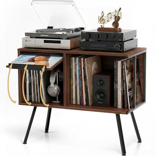 Record Player Stand with Flip-Down Record Shelf, Walnut - Image 2