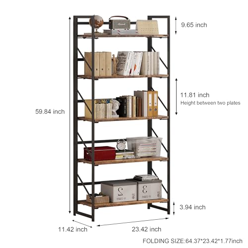 JSB No Assembly Folding Bookshelf, 5 Tier Industrial Metal - Image 4