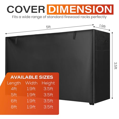 5ft Waterproof Firewood Rack Cover - Heavy Duty Black 600D - Image 3
