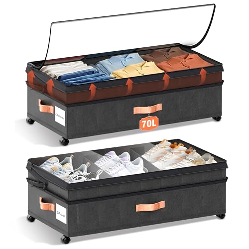 XXL Under Bed Storage with Wheels, 2 Pack 70L Extra Large Rolling - Image 2