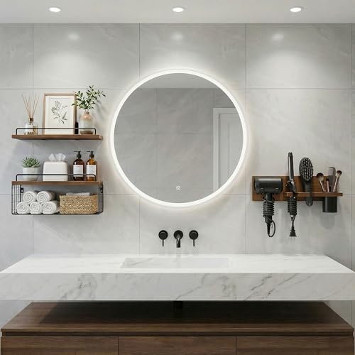 3-Tier Bathroom Floating Shelves with Hair Dryer Holder, Brown - Image 5