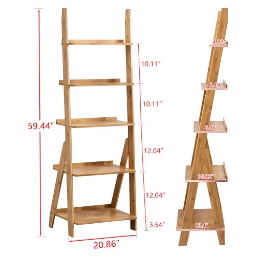 Maydear Bamboo Ladder Shelf Bookcase, 5-Tier Leaning - Image 4