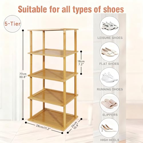 Aniston 5 Tier Small Shoe Rack Bamboo, Free Standing Slim - Image 3