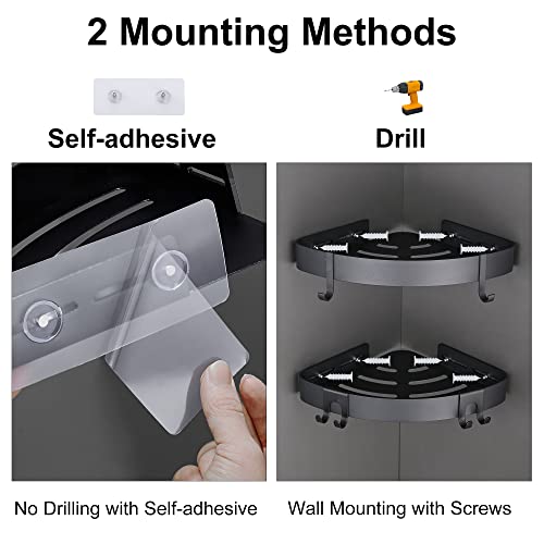 DUFU Adhesive Corner Shower Caddy with Hooks, Black, 2 Pack - Image 5