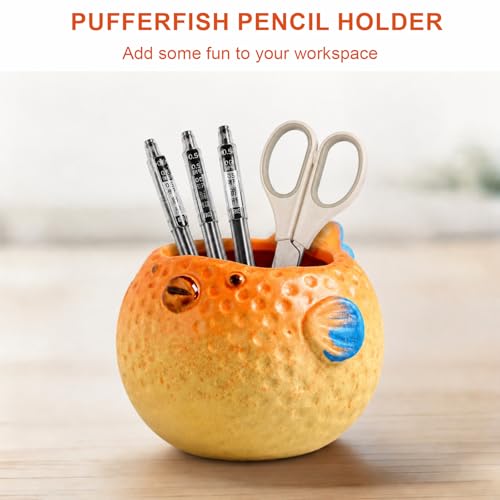 Ceramic Pufferfish Shaped Pen Pencil Holder for Desk Decoration - Image 3
