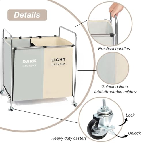 2 Section Rolling Laundry Sorter Cart, Laundry Hamper with Wheels - Image 5