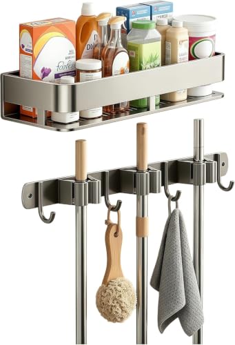 Broom Holder Wall Mount, Heavy Duty Mop Organizer with Shelf - Image 2