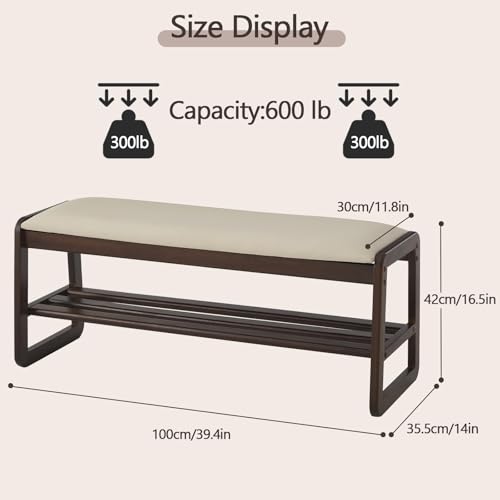 Shoe Rack Bench, 2 Tier Solid Wooden Entryway Bench(Beige,39.4") - Image 3