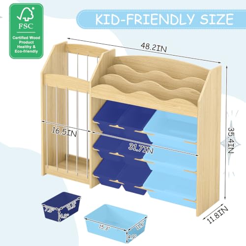 Kids Toy Organizer, Scalloped Shelf, Plush Holder, 12 Blue Bins - Image 3