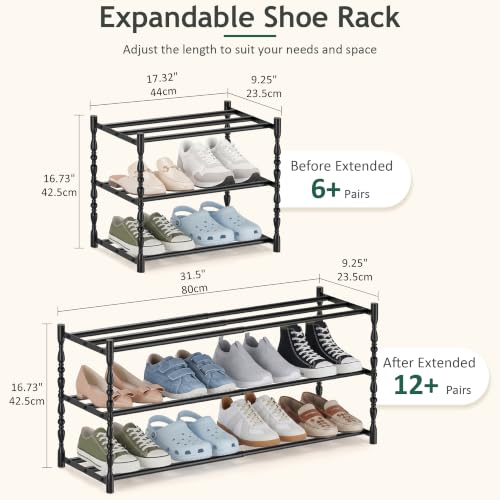 3 Tier Expandable Shoe Rack, Black Metal Storage Shelf - Image 3