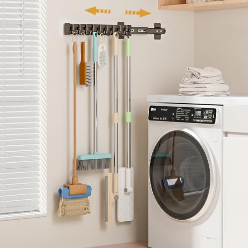 Pull Out Broom Holder With 9 Adjustable Row Sliding Hook - Black - Image 2