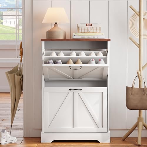 Semiocthome Farmhouse Shoe Storage Cabinet with 2 Flip Drawers - Image 4