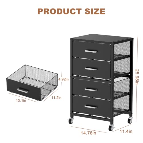 4-Drawers Metal Rolling Cart, Utility Storage Cart with Wheels - Image 4